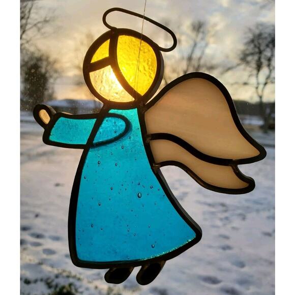 Two Cute Angels Stained Glass Suncatchers Christian Art Window Panels Spiritual - Picture 3 of 6
